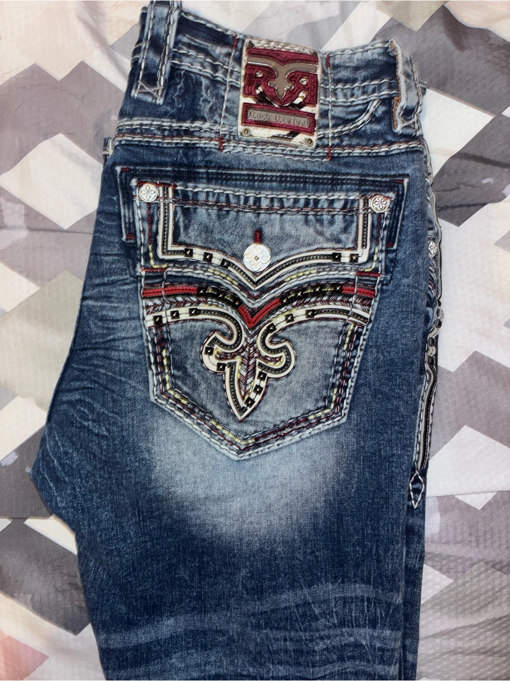 Rock Revival Womens Dark Blue Embroidered Bootcut Jeans with Red Accents